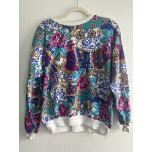 Vtg Cricket Lane Bright Floral Crew Neck Sweater Womens Sz L Made In USA